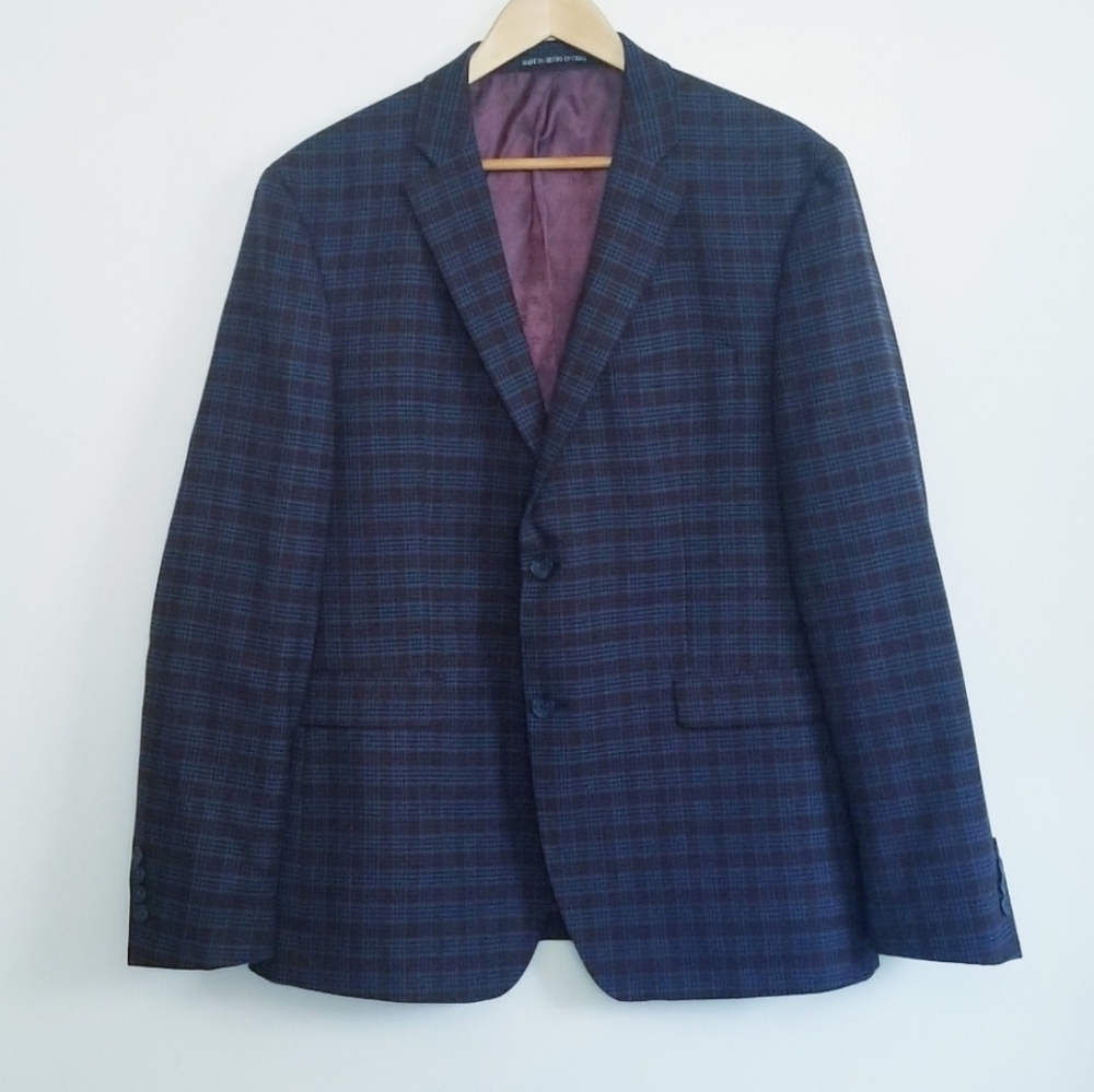 Original Penguin Dark Blue Checkered/ Plaid Design Wool Blend Blazer/Suit Jacket